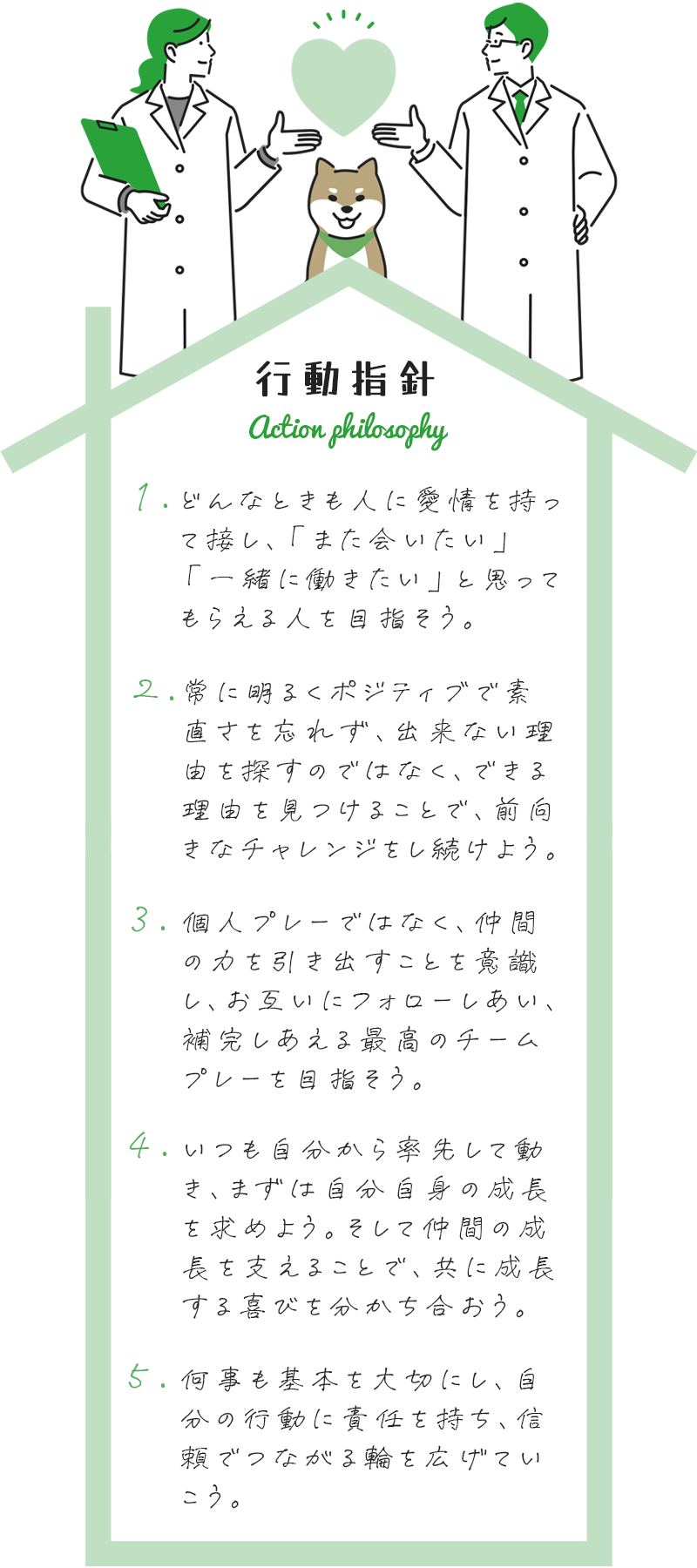 イマトクの行動指針 1.どんなときも人に愛情を持って接し、「また会いたい」、「一緒に働きたい」と思ってもらえる人を目指そう。 2.常に明るくポジティブで素直さを忘れず、出来ない理由を探すのではなく、できる理由を見つけることで、前向きなチャレンジをし続けよう。 3.個人プレーではなく、仲間の力を引き出すことを意識し、お互いにフォローしあい、補完しあえる最高のチームプレーを目指そう。 4.いつも自分から率先して動き、まずは自分自身の成長を求めよう。そして仲間の成長を支えることで、共に成長する喜びを分かち合おう。 5.何事も基本を大切にし、自分の行動に責任を持ち、信頼でつながる輪を広げていこう。