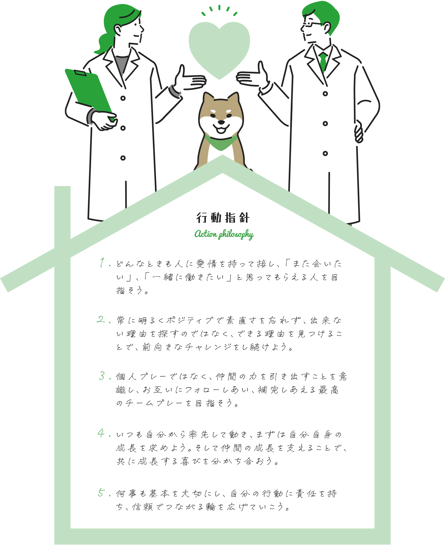 イマトクの行動指針 1.どんなときも人に愛情を持って接し、「また会いたい」、「一緒に働きたい」と思ってもらえる人を目指そう。 2.常に明るくポジティブで素直さを忘れず、出来ない理由を探すのではなく、できる理由を見つけることで、前向きなチャレンジをし続けよう。 3.個人プレーではなく、仲間の力を引き出すことを意識し、お互いにフォローしあい、補完しあえる最高のチームプレーを目指そう。 4.いつも自分から率先して動き、まずは自分自身の成長を求めよう。そして仲間の成長を支えることで、共に成長する喜びを分かち合おう。 5.何事も基本を大切にし、自分の行動に責任を持ち、信頼でつながる輪を広げていこう。